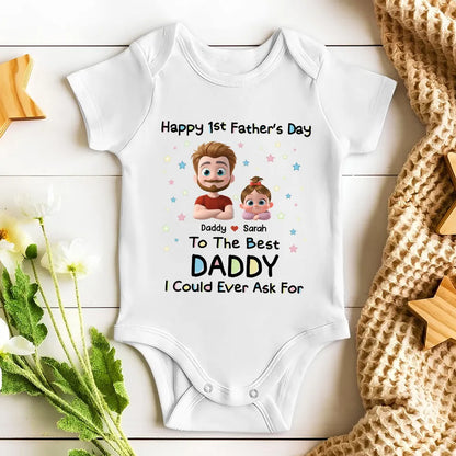 Personalized Short Sleeve Baby Onesie with Cartoon Daddy & Baby, Unique Gift for Dad's First Father's Day