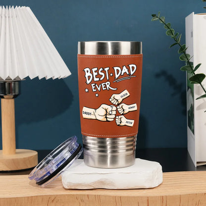 Personalized Leather Wrapped Tumbler, Best Dad Ever Fist Bump Design, Unique Gift for Dad