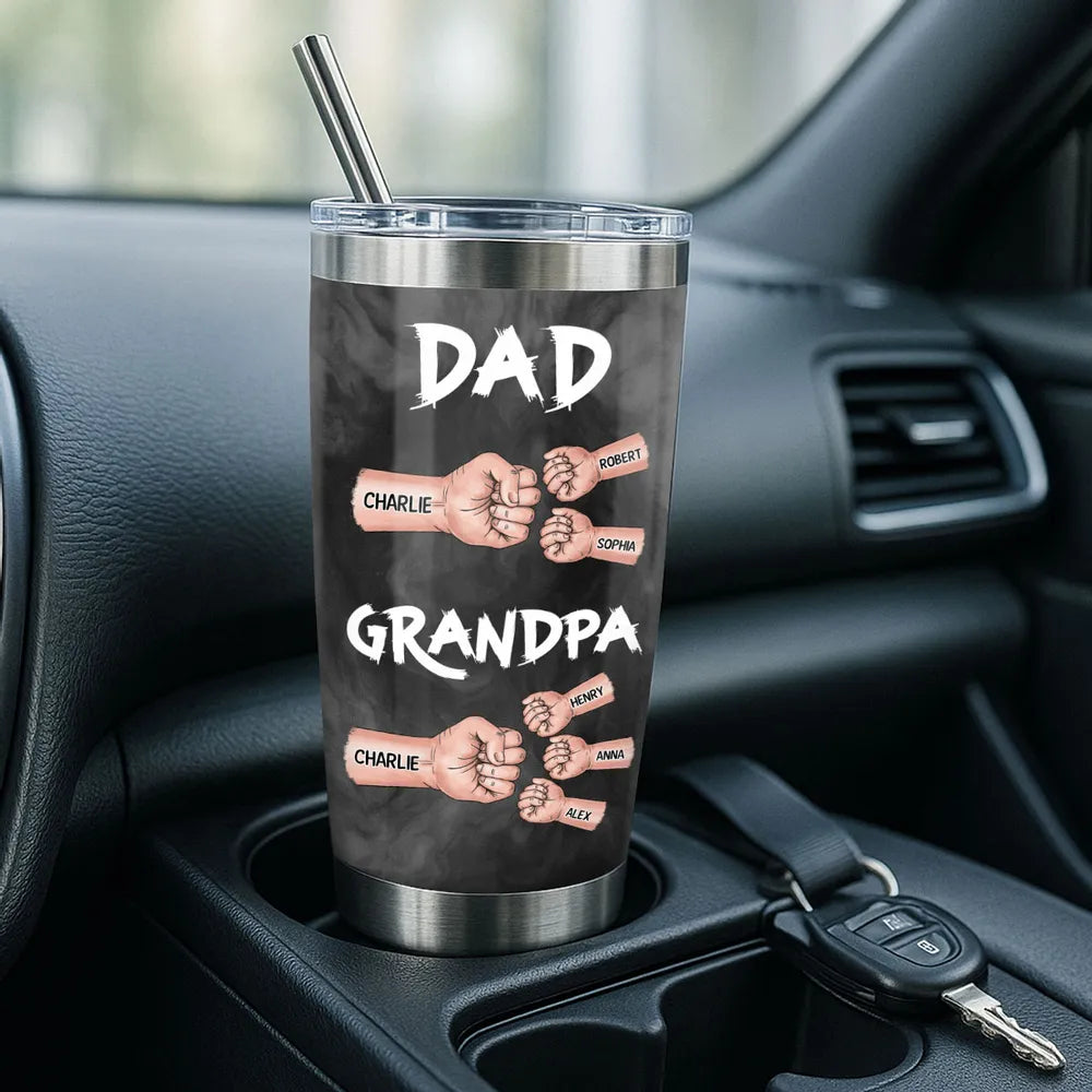 “Dad & Grandpa” Insulated Travel Tumbler - Fist-Bump Design, Custom Names, Heart-Warming Family Present
