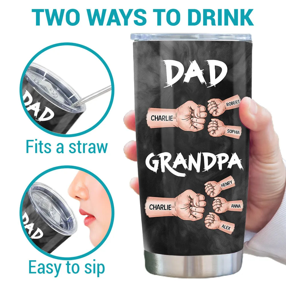 “Dad & Grandpa” Insulated Travel Tumbler - Fist-Bump Design, Custom Names, Heart-Warming Family Present