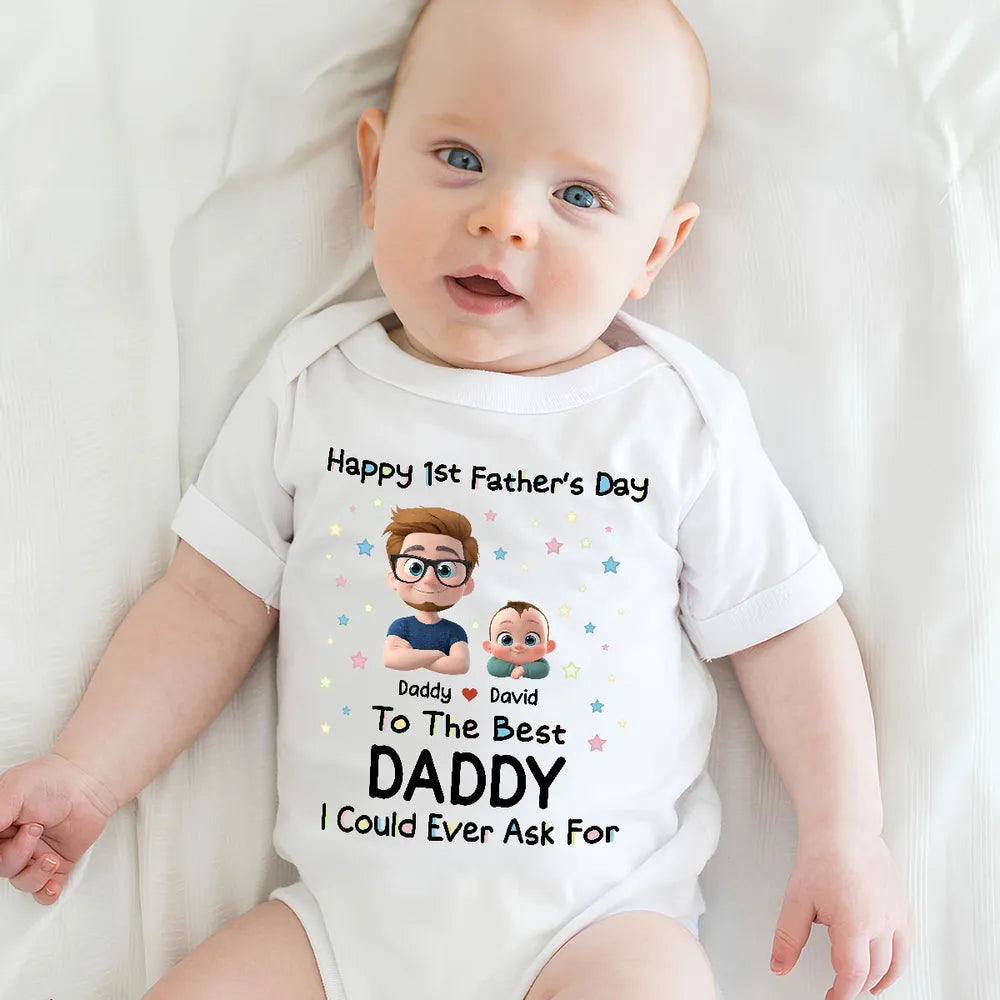 Personalized Short Sleeve Baby Onesie with Cartoon Daddy & Baby, Unique Gift for Dad's First Father's Day