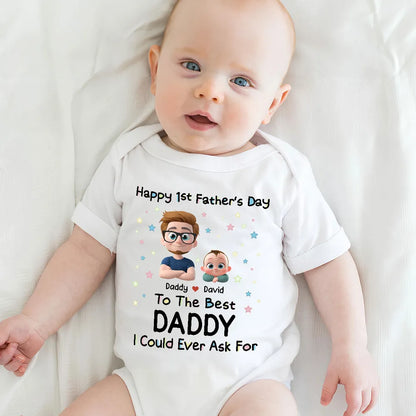 Personalized Short Sleeve Baby Onesie with Cartoon Daddy & Baby, Unique Gift for Dad's First Father's Day