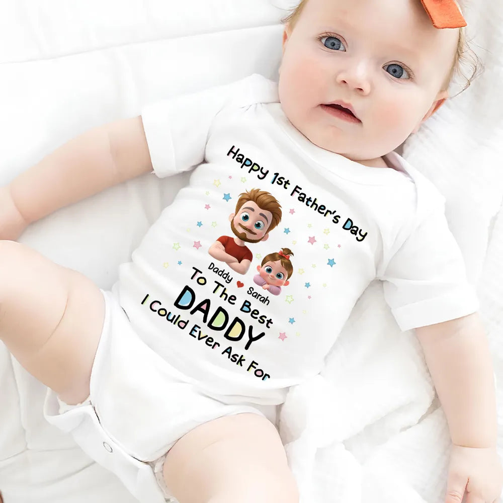 Personalized Short Sleeve Baby Onesie with Cartoon Daddy & Baby, Unique Gift for Dad's First Father's Day