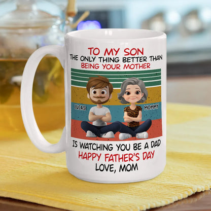 Personalized White Ceramic Mug for Son, Cartoon Mom & Son Father's Day Unique Gift with Retro Stripes