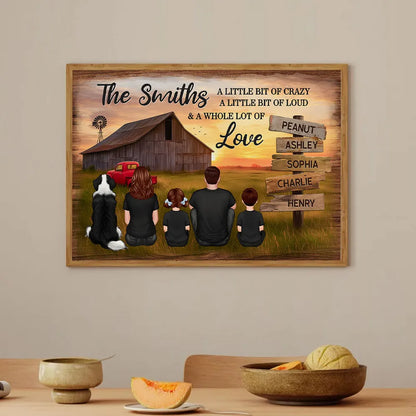Custom Rustic Farm Family Poster Sunset Barn and Kids with Dog Cozy Country Decor Unique Father's Day Gift
