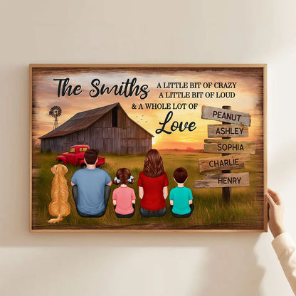 Custom Rustic Farm Family Poster Sunset Barn and Kids with Dog Cozy Country Decor Unique Father's Day Gift