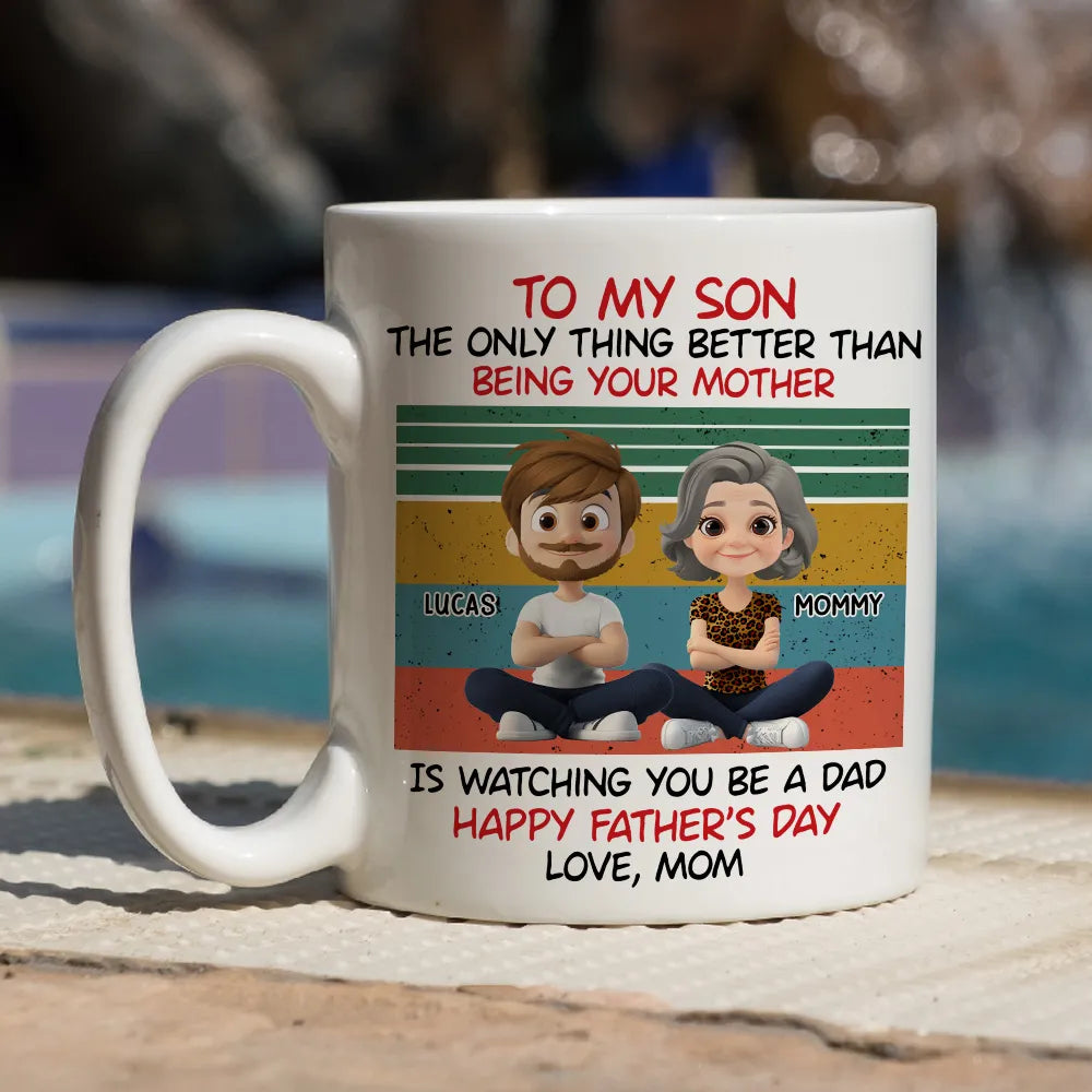 Personalized White Ceramic Mug for Son, Cartoon Mom & Son Father's Day Unique Gift with Retro Stripes