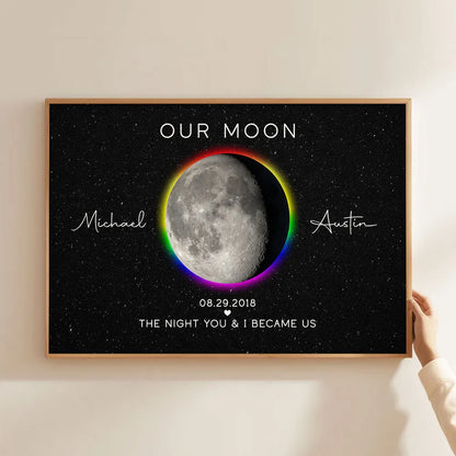 Personalized Moon Phase Poster for Couples, Rainbow Night Sky Wall Art, Unique Anniversary Gift & Pride Keepsake