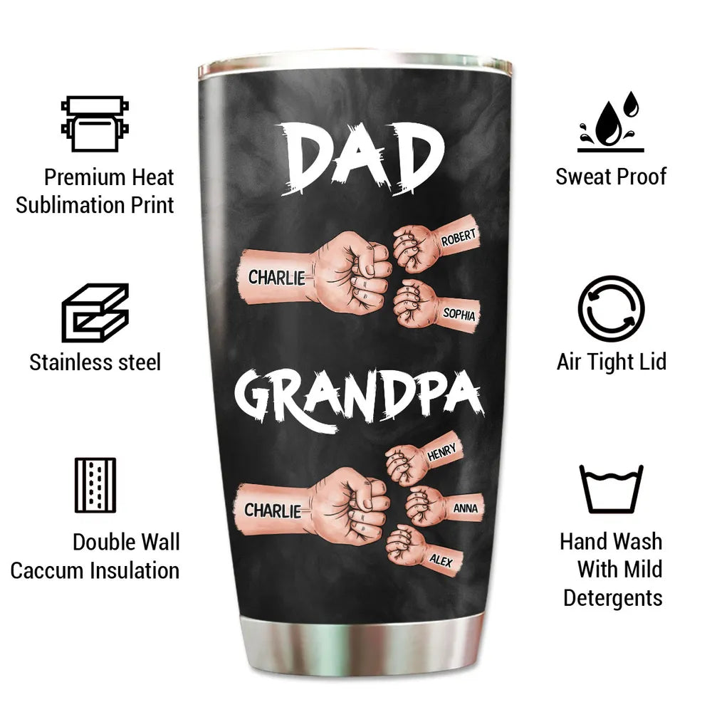 “Dad & Grandpa” Insulated Travel Tumbler - Fist-Bump Design, Custom Names, Heart-Warming Family Present