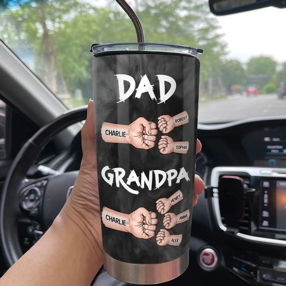 “Dad & Grandpa” Insulated Travel Tumbler - Fist-Bump Design, Custom Names, Heart-Warming Family Present