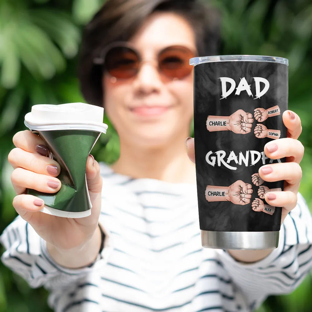 “Dad & Grandpa” Insulated Travel Tumbler - Fist-Bump Design, Custom Names, Heart-Warming Family Present