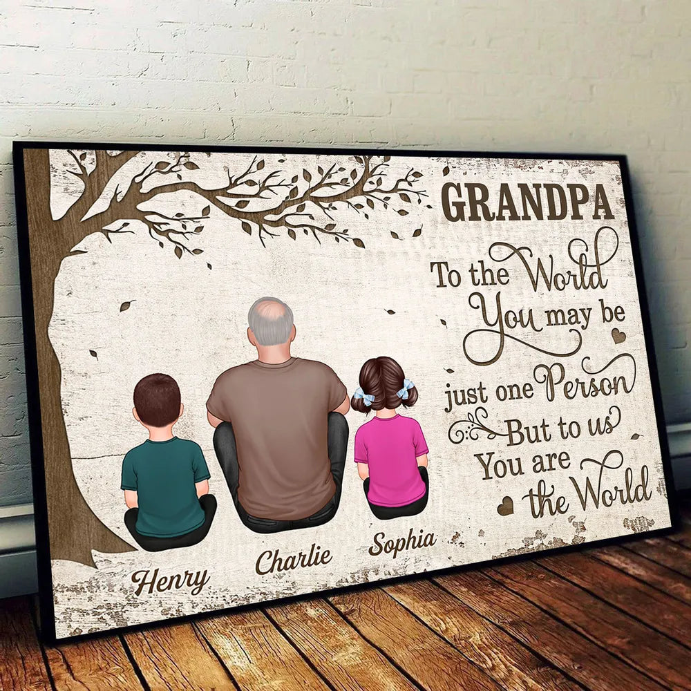 Grandpa To the World Poster, Custom Family Wall Art with Kids Under Tree, Creative Gift for Grandpa