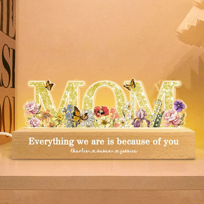 Personalized Block LED Light Plaque for Mom, Floral MOM Night Light with Custom Details, Cozy Bedroom Lamp & Heartfelt Gift