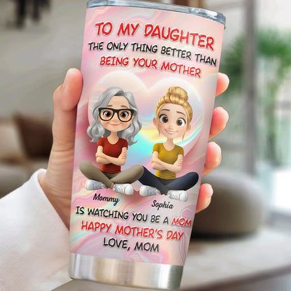 Personalized Insulated Travel Tumbler with Cute Mom and Daughter Cartoon, Heart Background, Unique Mother's Day Gift