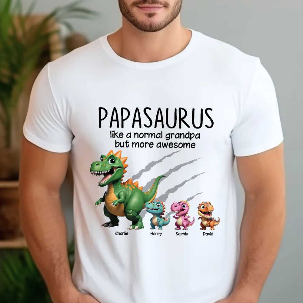 Personalized Papasaurus Classic Tee with Cute Dinosaur Crew Funny Grandpa Gift for Father's Day and Everyday Smiles