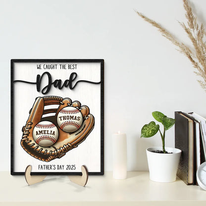 Custom Baseball, Softball  Glove & Kids Name 2-Layer Wooden Plaque - Unique Father’s Day Gift for Dad