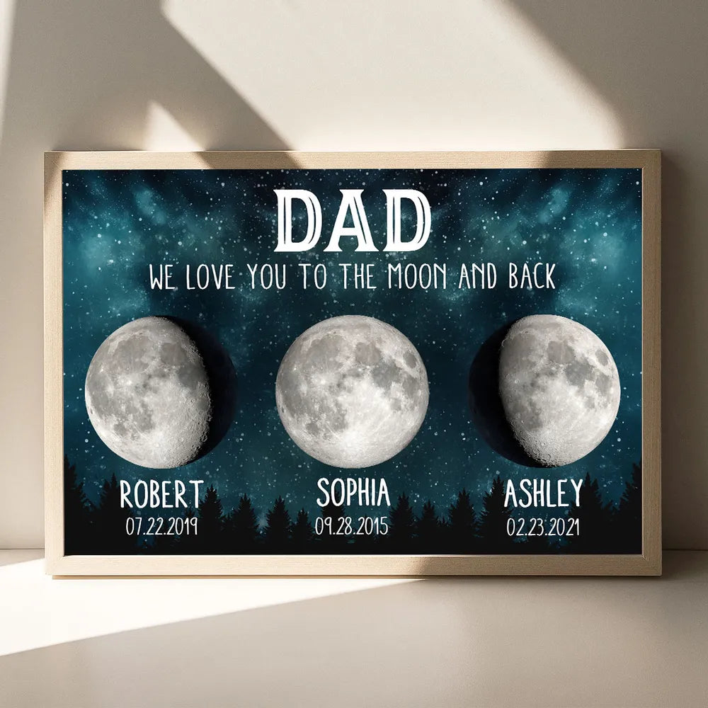 Personalized Moon Phase Poster for Dad, Custom We Love You To The Moon And Back Wall Decor, Unique Father's Gift