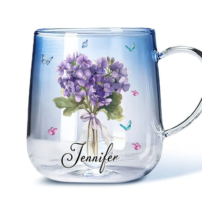 Blue Gradient Glass Mug with Floral Bouquet and Butterflies, Personalized Name Gift for Her, Everyday Coffee or Tea