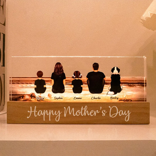 Family Sitting Back View Retro Vintage Beach Landscape Block LED Light Plaque, Mother's Day Gift Featuring Children and Pets