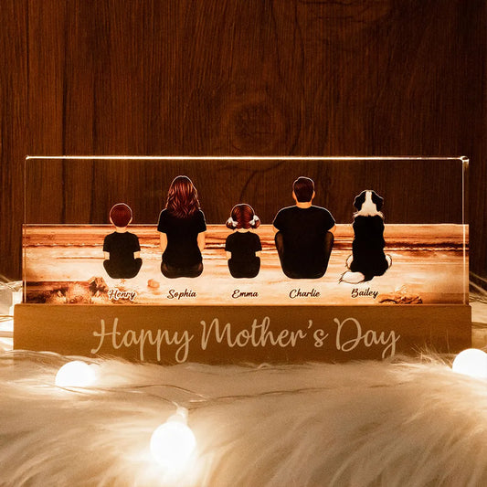 Family Sitting Back View Retro Vintage Beach Landscape Block LED Light Plaque, Mother's Day Gift Featuring Children and Pets