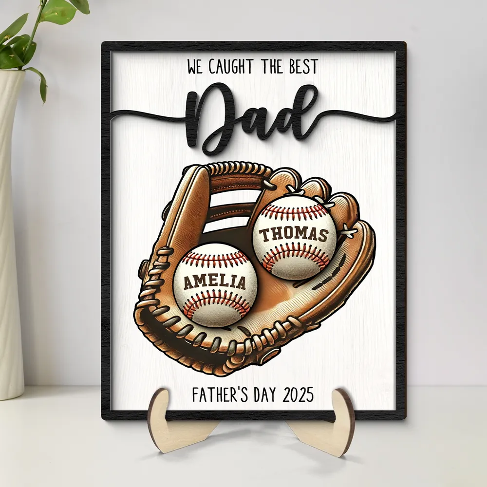 Custom Baseball, Softball  Glove & Kids Name 2-Layer Wooden Plaque - Unique Father’s Day Gift for Dad