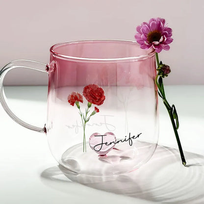 Gradient Glass Mug with Floral Print and Heart-Shaped Base, Elegant Gift Choice