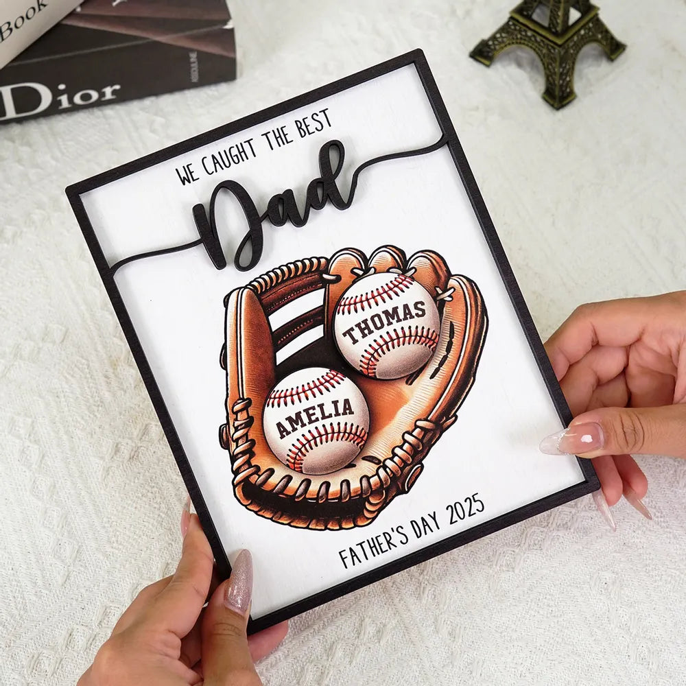 Custom Baseball, Softball  Glove & Kids Name 2-Layer Wooden Plaque - Unique Father’s Day Gift for Dad