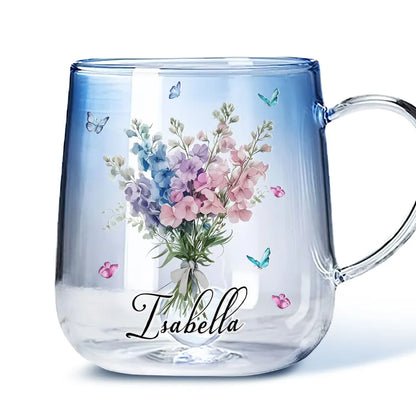 Blue Gradient Glass Mug with Floral Bouquet and Butterflies, Personalized Name Gift for Her, Everyday Coffee or Tea