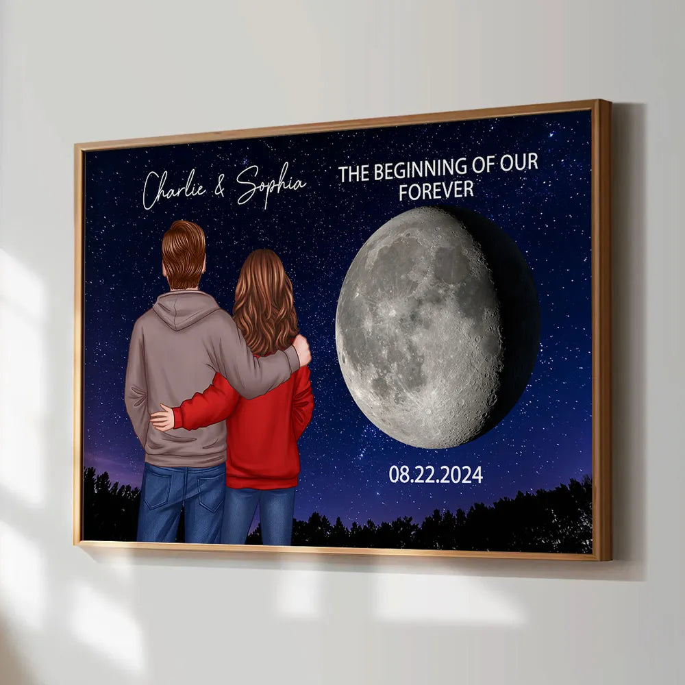 Poster with Couple Back View and Moon Design, Romantic Keepsake and Perfect Gift Choice