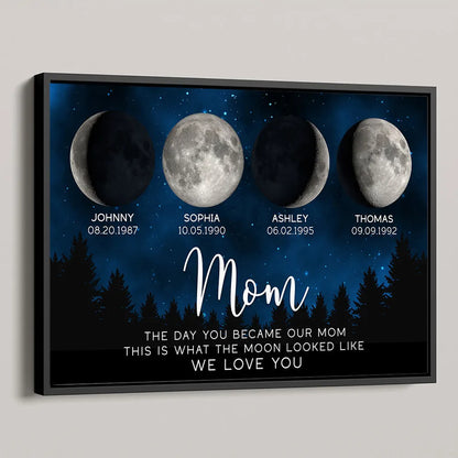 Personalized Moon Phase Mom Poster, Custom Night Sky Wall Art, The Day You Became Our Mom Unique Gift for Mom