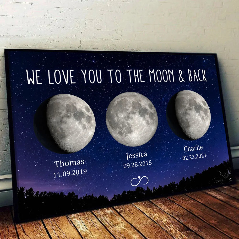 Moon Phase Poster, Customizable Starry Night Art for Mom or Grandma, We Love You to the Moon & Back, a Unique Gift