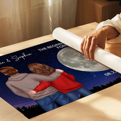 Poster with Couple Back View and Moon Design, Romantic Keepsake and Perfect Gift Choice
