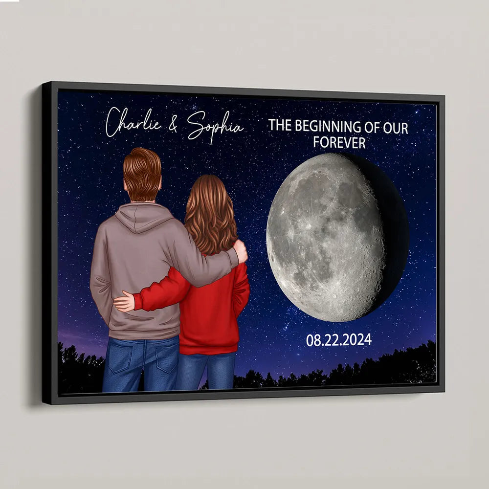 Poster with Couple Back View and Moon Design, Romantic Keepsake and Perfect Gift Choice