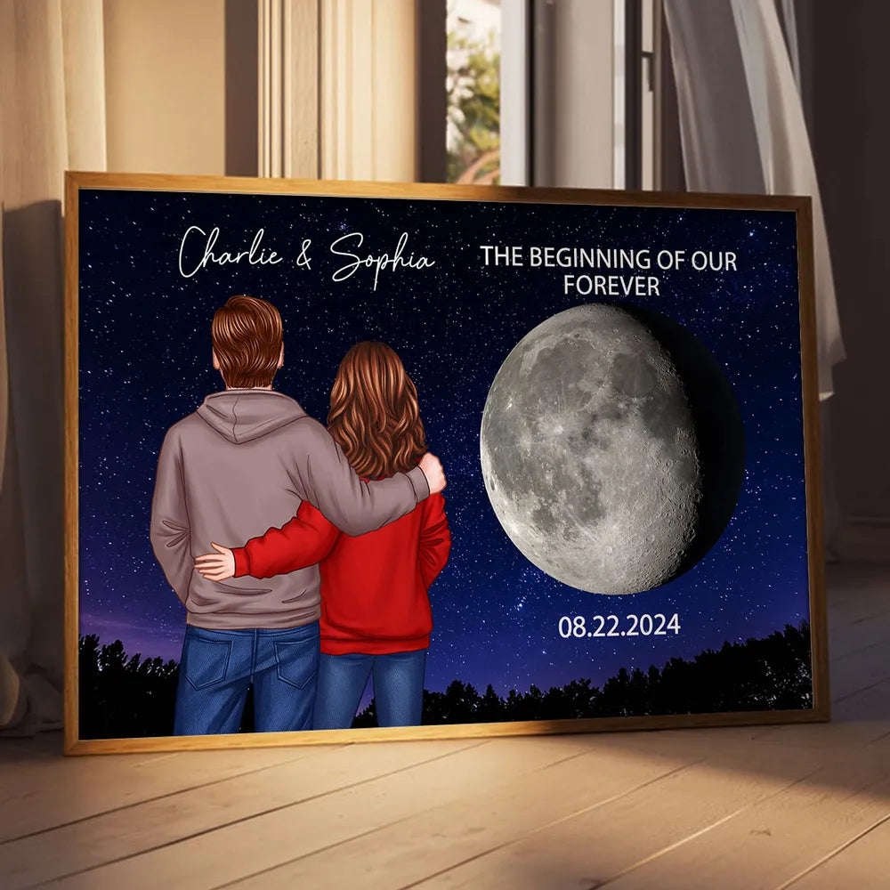 Poster with Couple Back View and Moon Design, Romantic Keepsake and Perfect Gift Choice