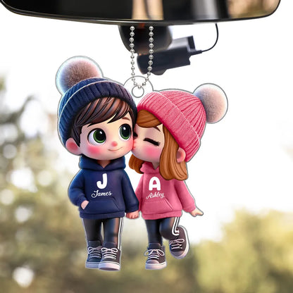 Personalized Acrylic Car Hanger for Couples – Cute Cartoon Design with Custom Names