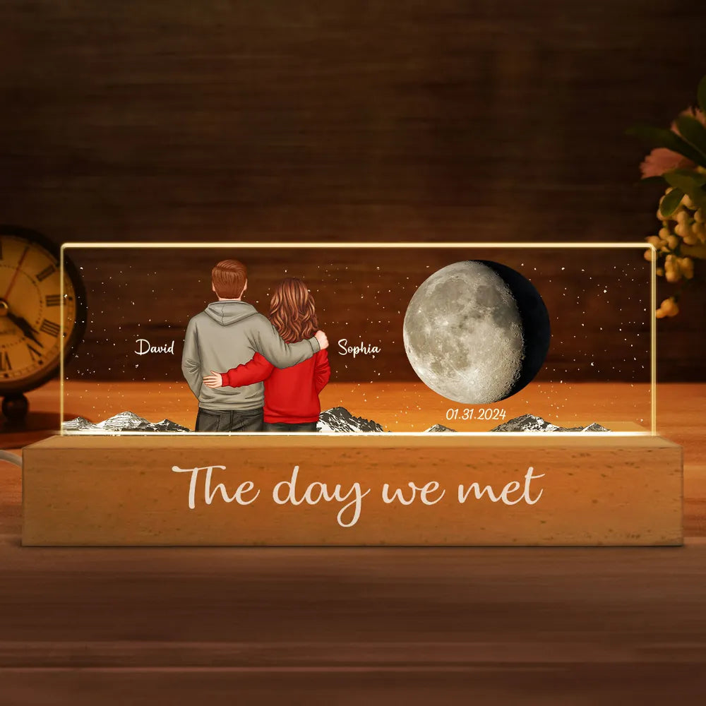 Personalized Block LED Light Plaque with Back View Couple & Moon, Custom Keepsake Night Light, Unique Gift for Couples