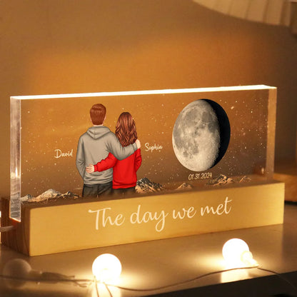 Personalized Block LED Light Plaque with Back View Couple & Moon, Custom Keepsake Night Light, Unique Gift for Couples