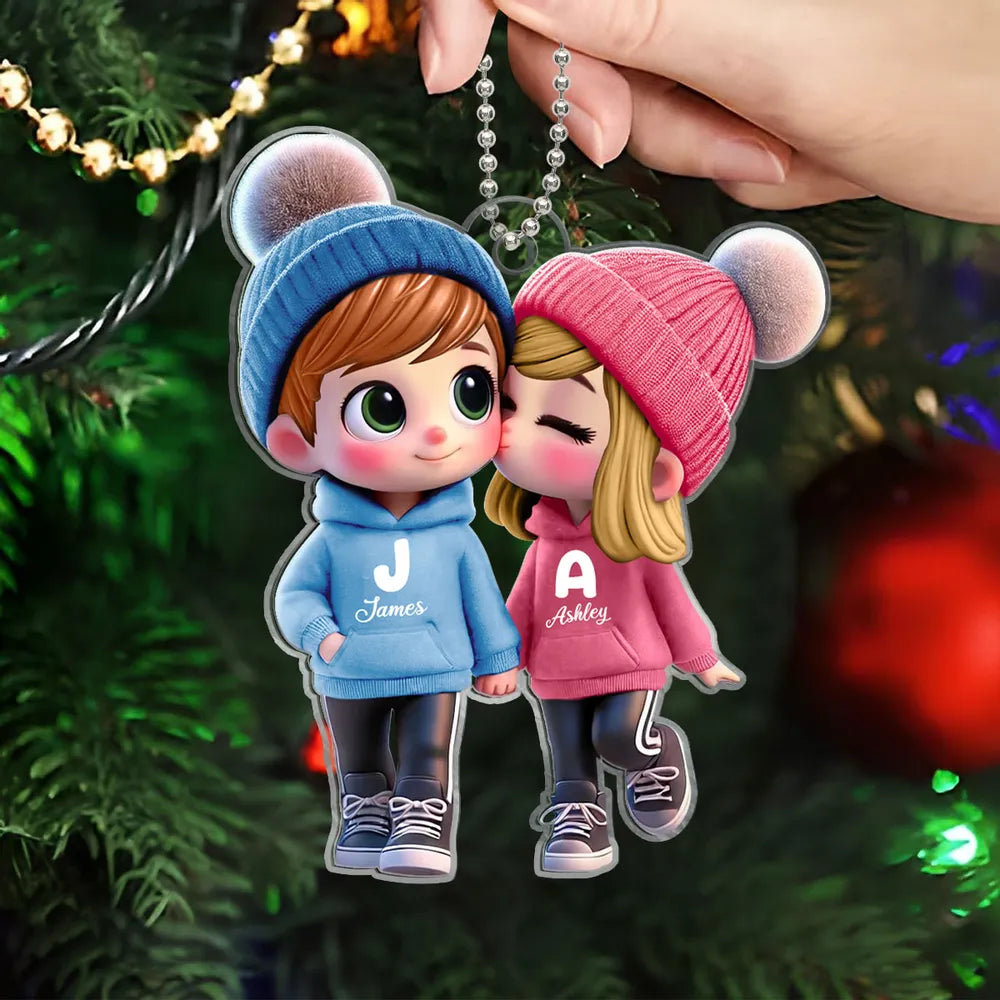 Personalized Acrylic Car Hanger for Couples – Cute Cartoon Design with Custom Names