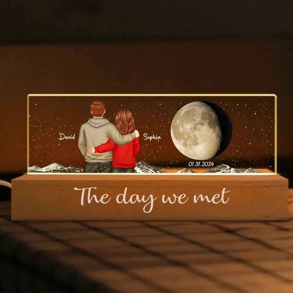 Personalized Block LED Light Plaque with Back View Couple & Moon, Custom Keepsake Night Light, Unique Gift for Couples