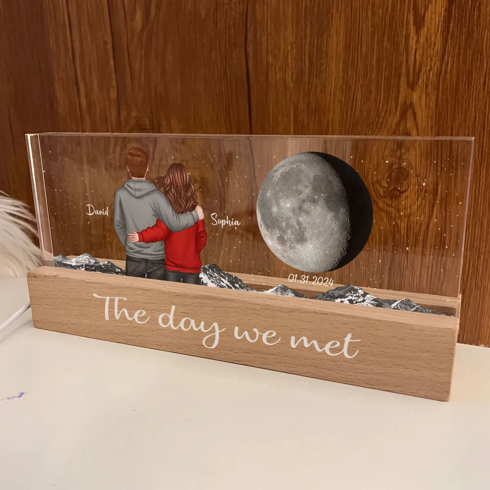 Personalized Block LED Light Plaque with Back View Couple & Moon, Custom Keepsake Night Light, Unique Gift for Couples
