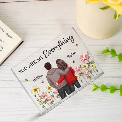 Rectangle Acrylic Block Plaque with Couple Back View and Monthly Flowers, High Clarity, Heartwarming Gift for Lovers