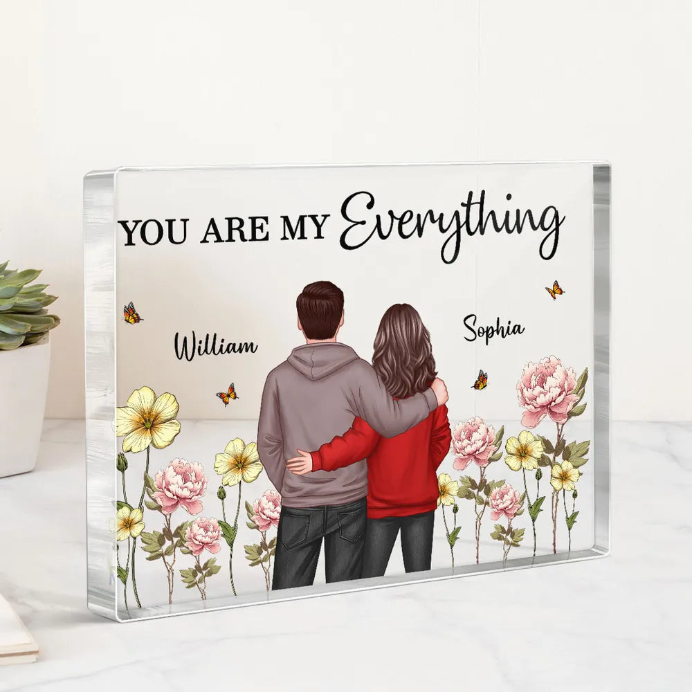 Rectangle Acrylic Block Plaque with Couple Back View and Monthly Flowers, High Clarity, Heartwarming Gift for Lovers