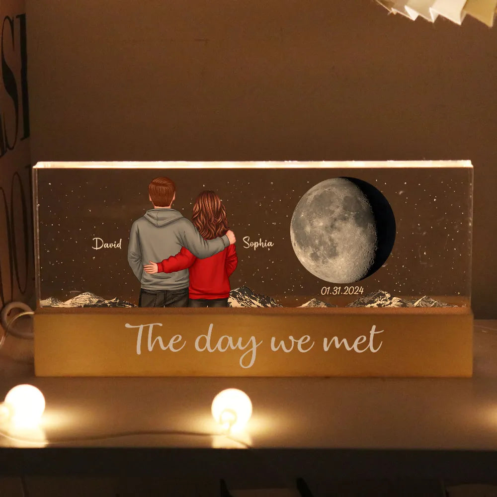 Personalized Block LED Light Plaque with Back View Couple & Moon, Custom Keepsake Night Light, Unique Gift for Couples