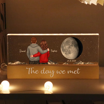 Personalized Block LED Light Plaque with Back View Couple & Moon, Custom Keepsake Night Light, Unique Gift for Couples