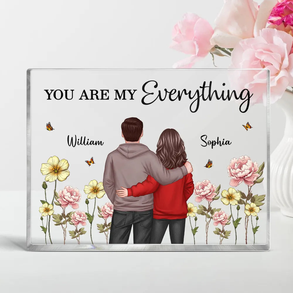 Rectangle Acrylic Block Plaque with Couple Back View and Monthly Flowers, High Clarity, Heartwarming Gift for Lovers