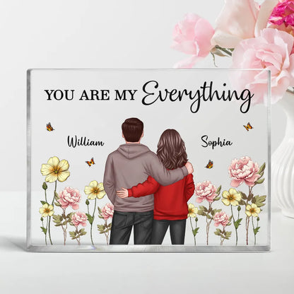 Rectangle Acrylic Block Plaque with Couple Back View and Monthly Flowers, High Clarity, Heartwarming Gift for Lovers