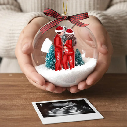 Acrylic Snow Globe Ornament Featuring Couple Expecting Baby, Christmas Tree Decor and Perfect Gift for New Parents