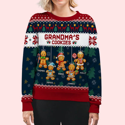 Personalized Grandma Cookies Printed Sweatshirt with Gingerbread Kids, Festive Christmas Gift for Grandma