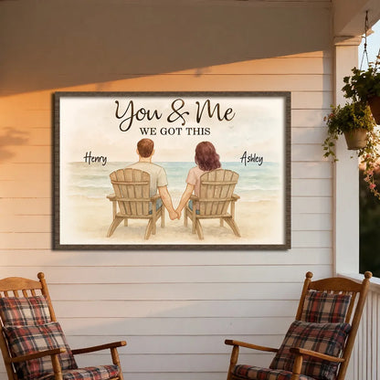 Romantic Seaside Poster, hand-in-hand couple illustration with gentle ocean background, warm modern wall art, heartfelt gift for partners or newlyweds