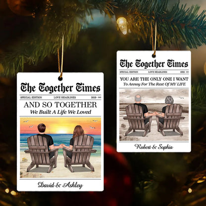 Couples Beach Newspaper-Style Acrylic Ornament – Romantic Custom Keepsake, Perfect Gift for Christmas or Anniversary